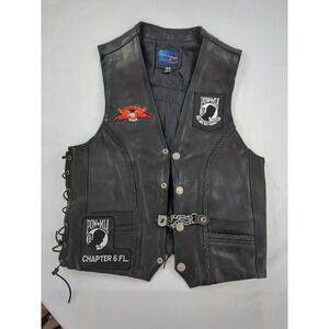 VINTAGE VANCE LEATHER MOTORCYCLE‎ VEST SIZE 44 WITH PATCHES. A74